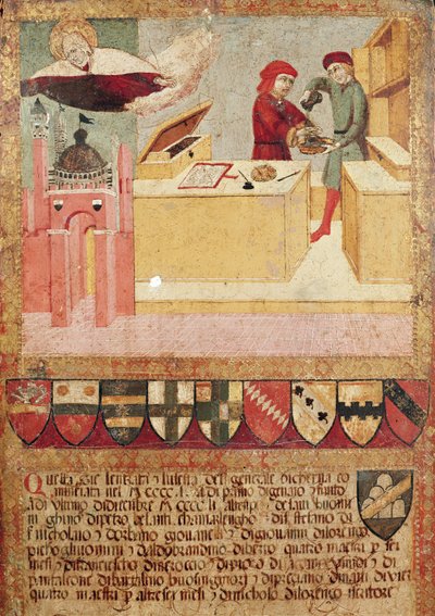 Biccherna showing the Camerlengo washing his hands, and the Virgin protecting Siena, 1451 by Sano di Pietro